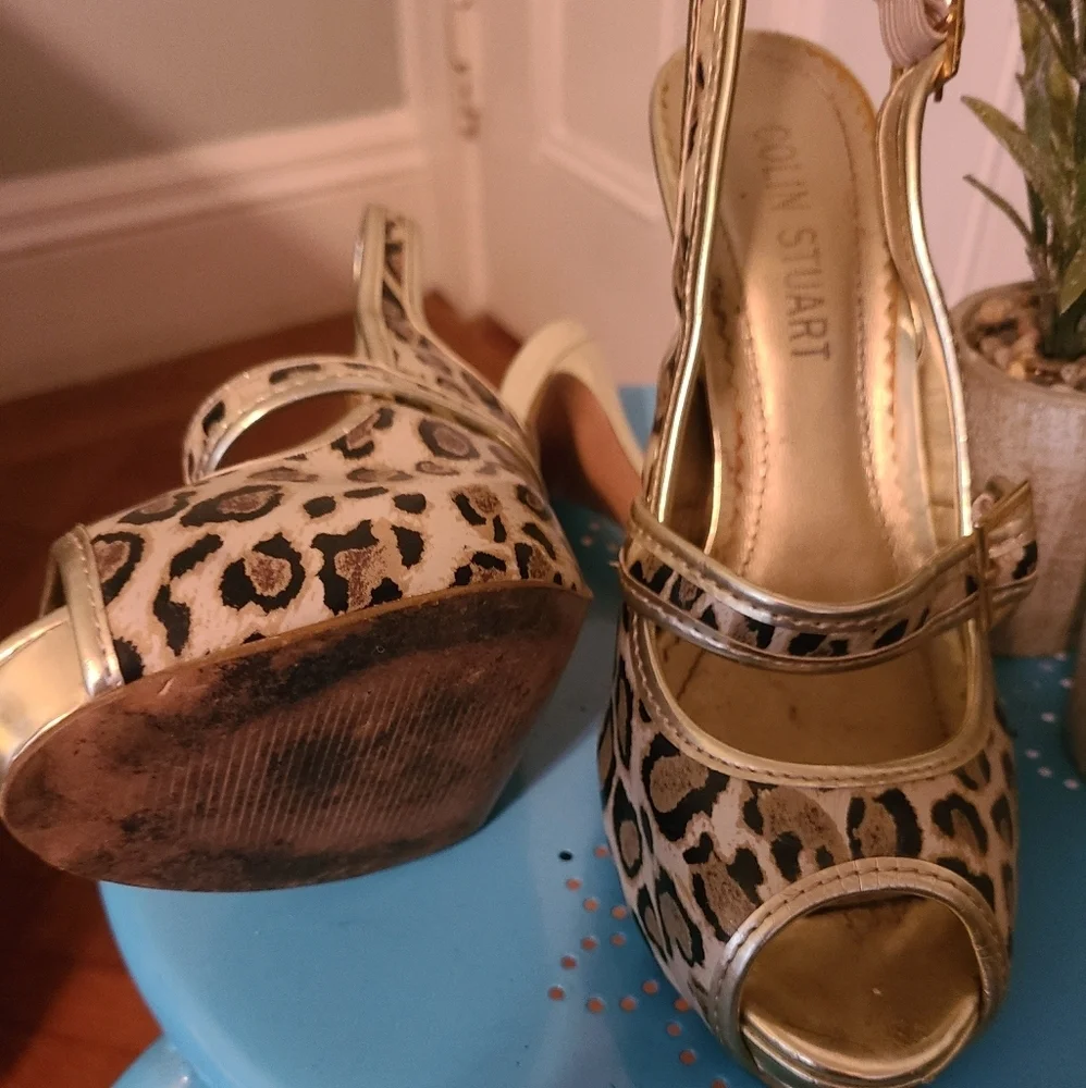 Colin Stuart leopard and gold heel shoes 7.5 hp 5x🔥🔥🔥🔥🔥